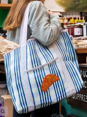 NWT Bon Appetit Recycled Plastic Tote Bag Croissant Talking Tables Striped Bag